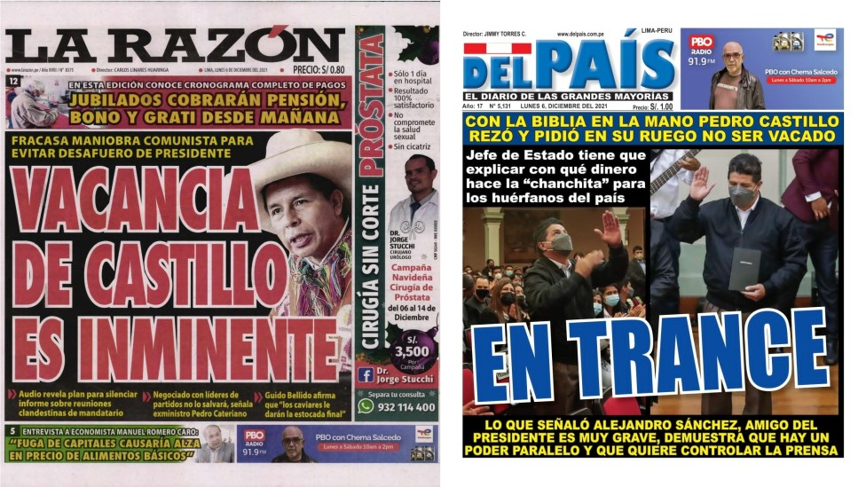 Capas de 2 jornais peruanos