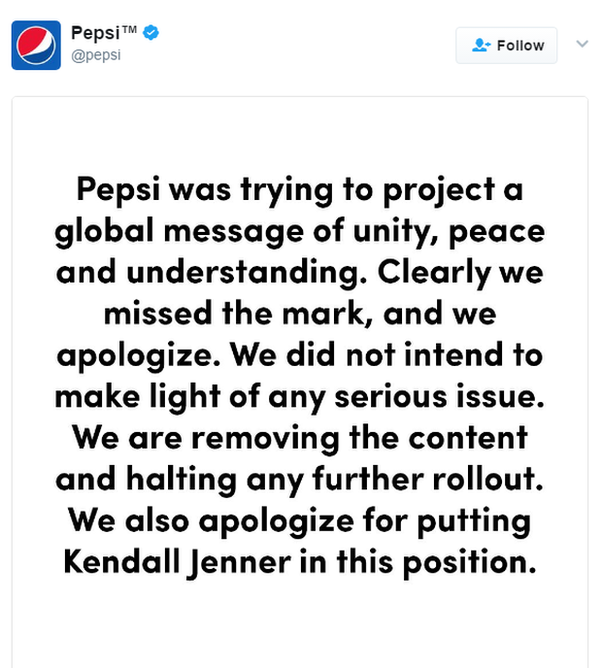 Скриншот с извинениями Pepsi в Twitter