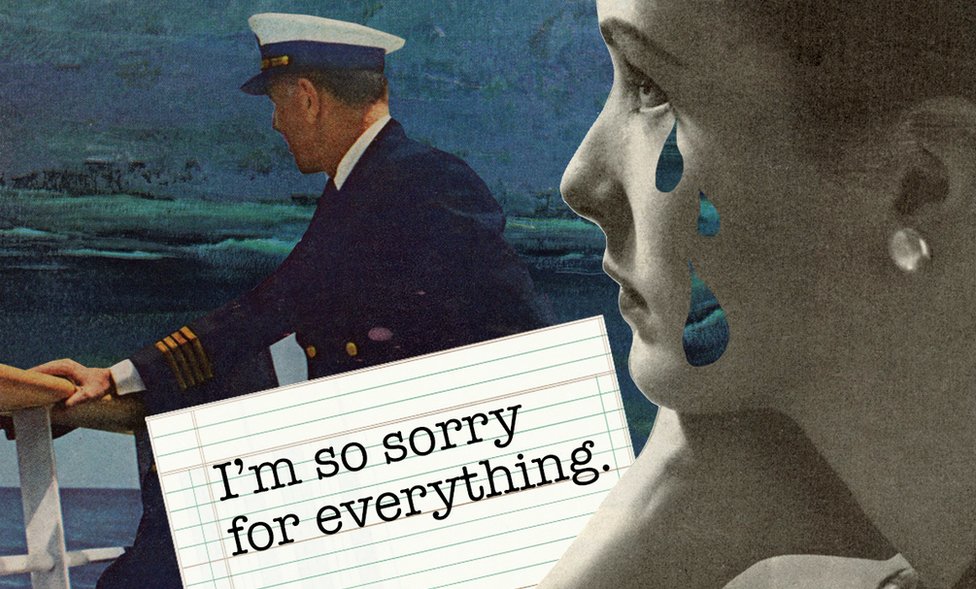 Illustration showing a man in naval uniform looking out to sea while a woman with tears on her face looks on wistfully, with the text, "I'm so sorry for everything"