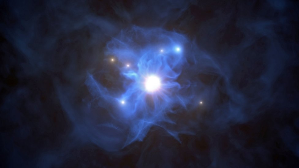An artist's impression of galaxies trapped in the web of a supermassive black hole