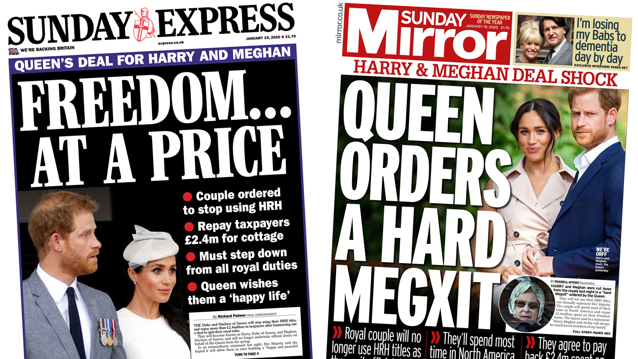 Newspaper headlines: 'Freedom at a price' as Queen seals 'hard Megxit' -  BBC News