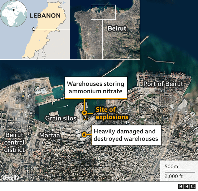 Карта с указанием места взрыва в Бейруте