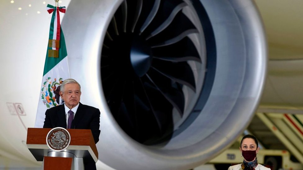 Andrés Manuel López Obrador in front of the presidential plane