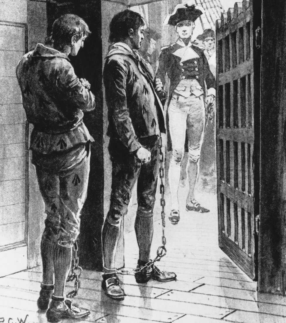 Иллюстрация с изображением заключенных в цепях на корабле, направлявшемся в залив Ботани, Австралия, 1870-е годы