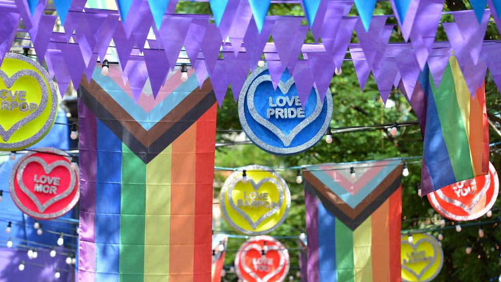 ЛГБТ-флаги и другие предметы гордости над Канал-стрит в Манчестере