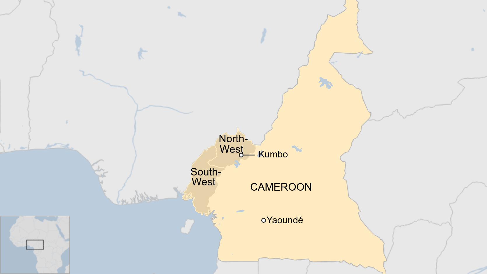 Карта, показывающая расположение Кумбо в англоязычных регионах Камеруна.