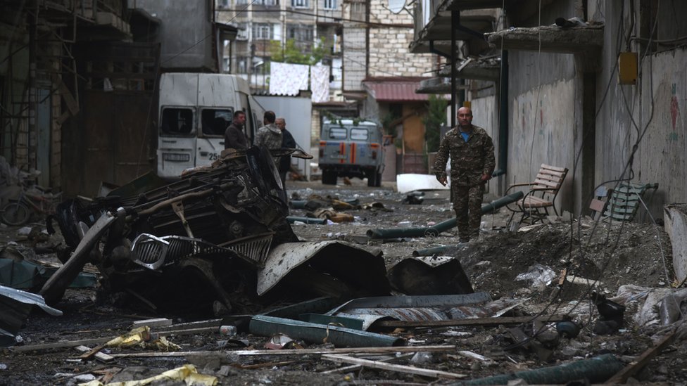 A view shows the aftermath of recent shelling during the ongoing fighting between Armenia and Azerbaijan over the breakaway Nagorno-Karabakh region, in the disputed region's main city of Stepanakert