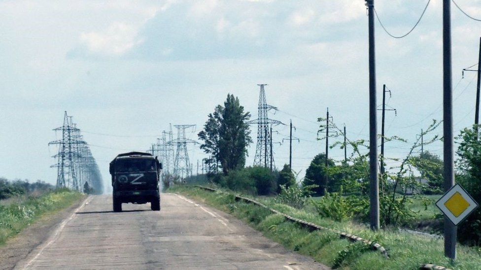 Russian vehicle on a road in Kherson