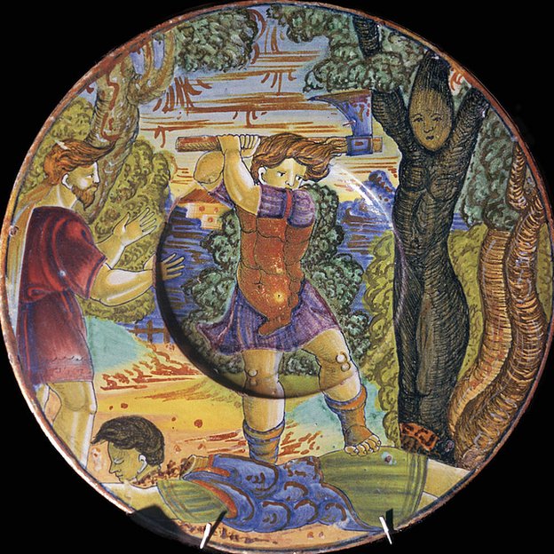 Este plato italiano del siglo XVI muestra a Eresictón talando el árbol por el que sería condenado a un castigo cruel. Este plato italiano del siglo XVI muestra a Eresictón talando el árbol que lo condenaría.