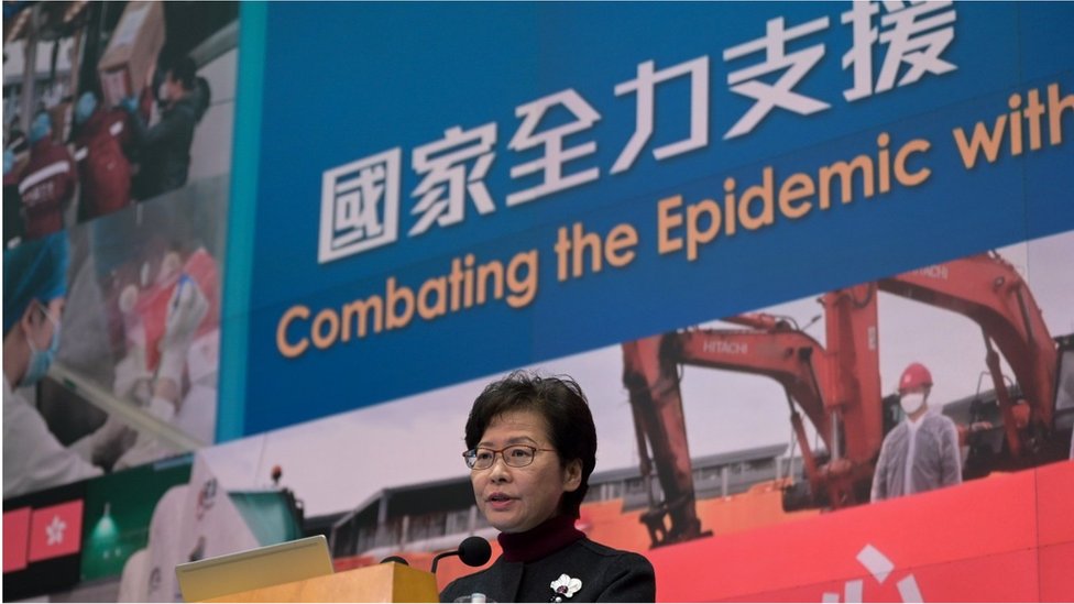 Hong Kong Chief Executive Carrie Lam Cheng Yuet-ngor speaks during a news conference at the Government Complex on February 22, 2022 in Hong Kong