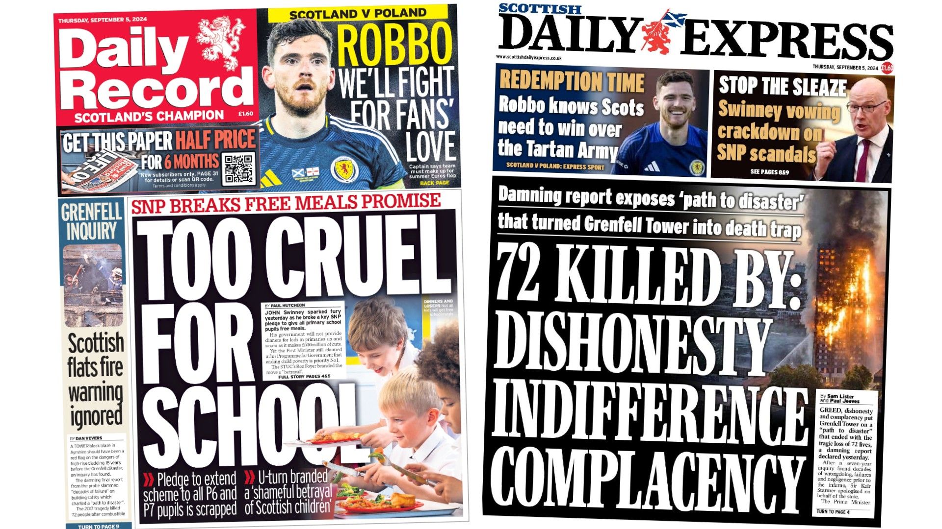 Scotland&rsquo;s papers: School meals &lsquo;betrayal&rsquo; and Grenfell failures