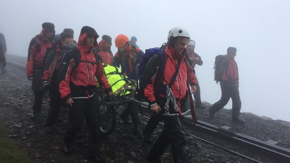 Tîm achub mynydd Llanberis yn cario rhywun wedi ei anafu ar 'stretcher'