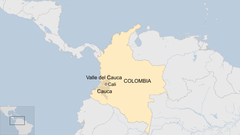 Colombia, showing the regions Cauca, and Valle del Cauca, where the city Cali is located