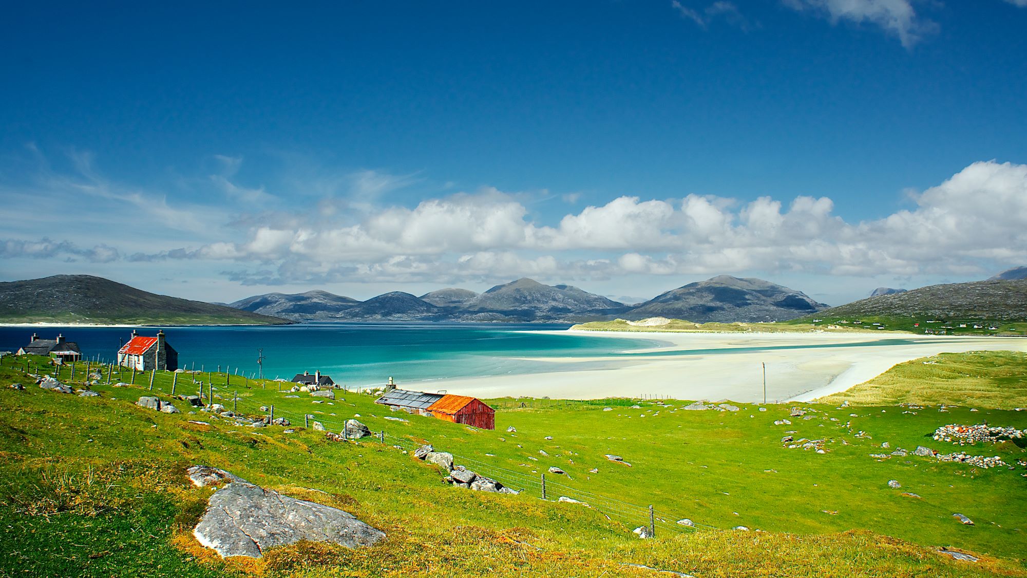 Red roofed buildings on coastal meadow called machair, with a beach, sea and hills in the distance.