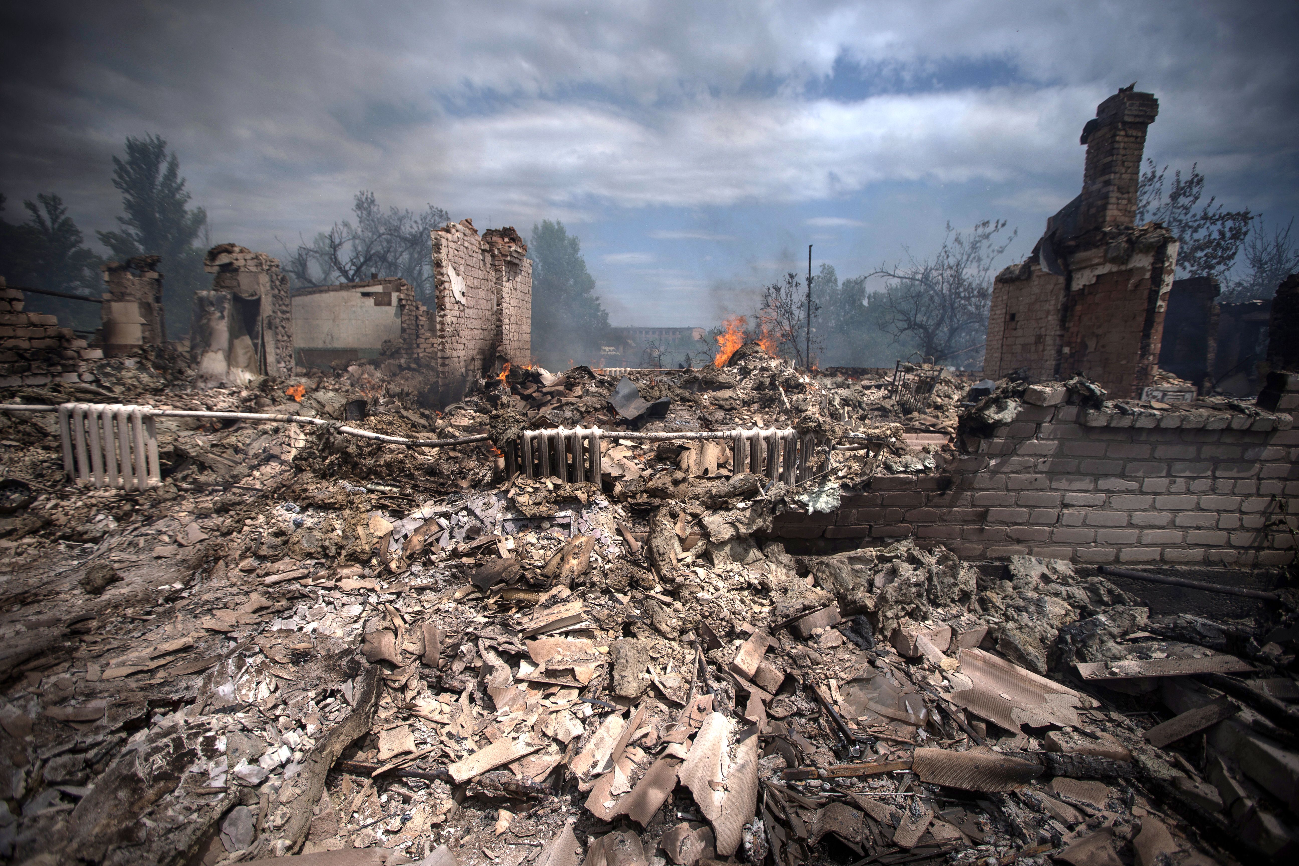 A destroyed house in Stanytsia Luhanska, eastern Ukraine. File photo