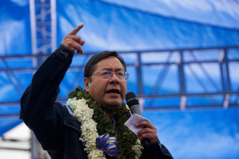 Presidential candidate Luis Arce speaks during a closing campaign rally ahead of the Bolivian presidential election, in El Alto, on the out