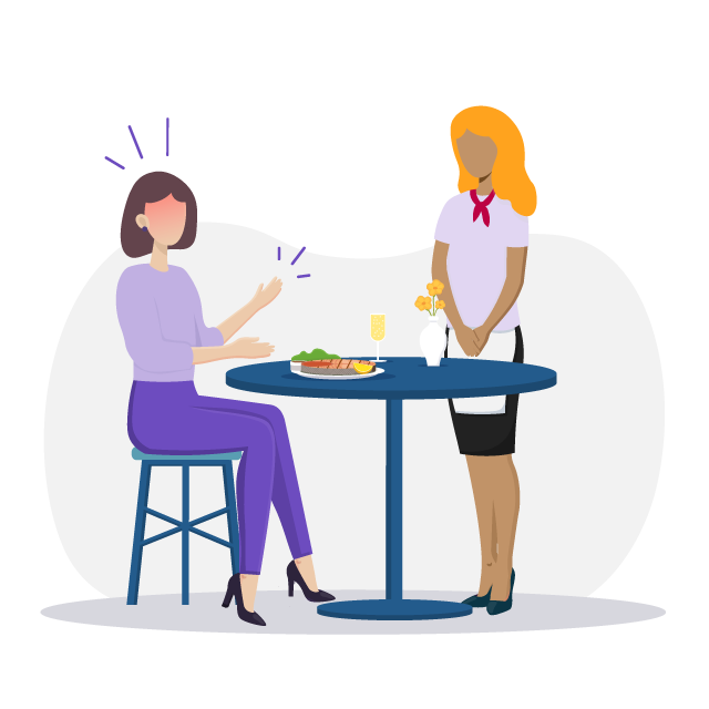 Un dibujo de una señora enojada con el plato vacío. 