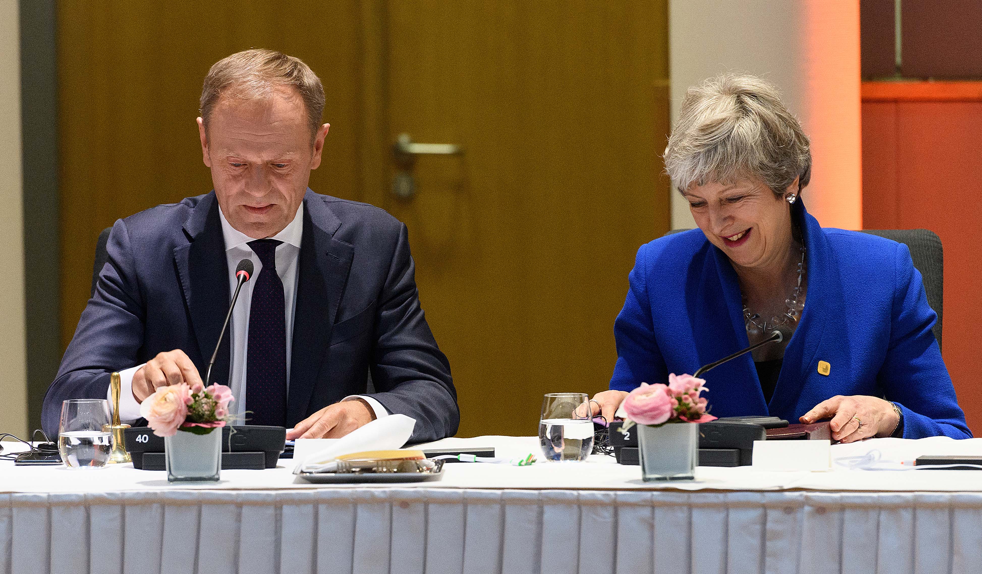 President of the European Council Donald Tusk and Prime Minister Theresa May attend a round table meeting in Brussels, Belgium.