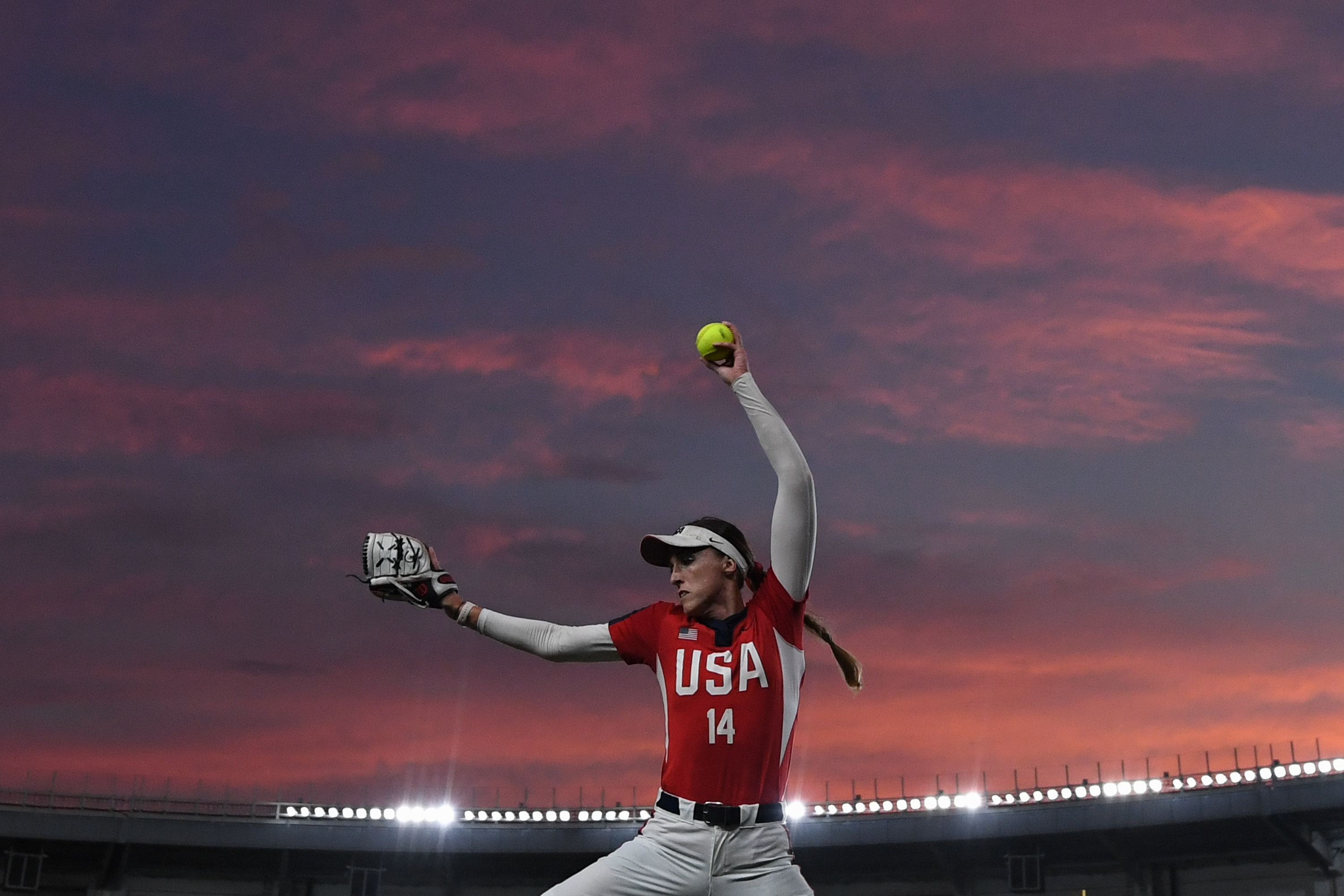 Monica Cecilia Abbott #14 of the USA warms up prior to a match between Japan and United States at the WBSC Women's Softball World Championship, 11 August 2018, in Chiba, Japan.