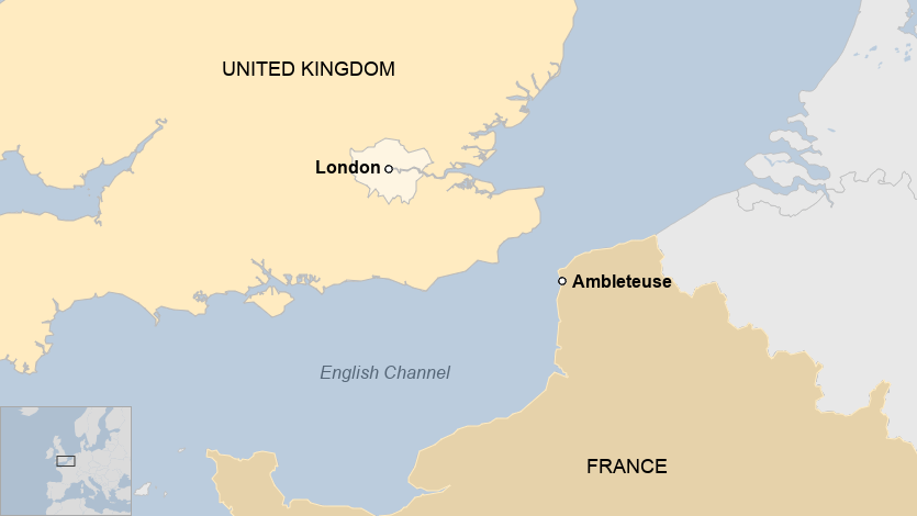 Map shows location of Ambleteuse, English Channel and United Kingdom