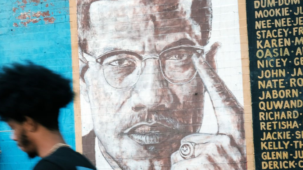 A picture of Malcolm X is included in a Brooklyn mural of iconic civil rights leaders on November 18, 2021 in New York City.