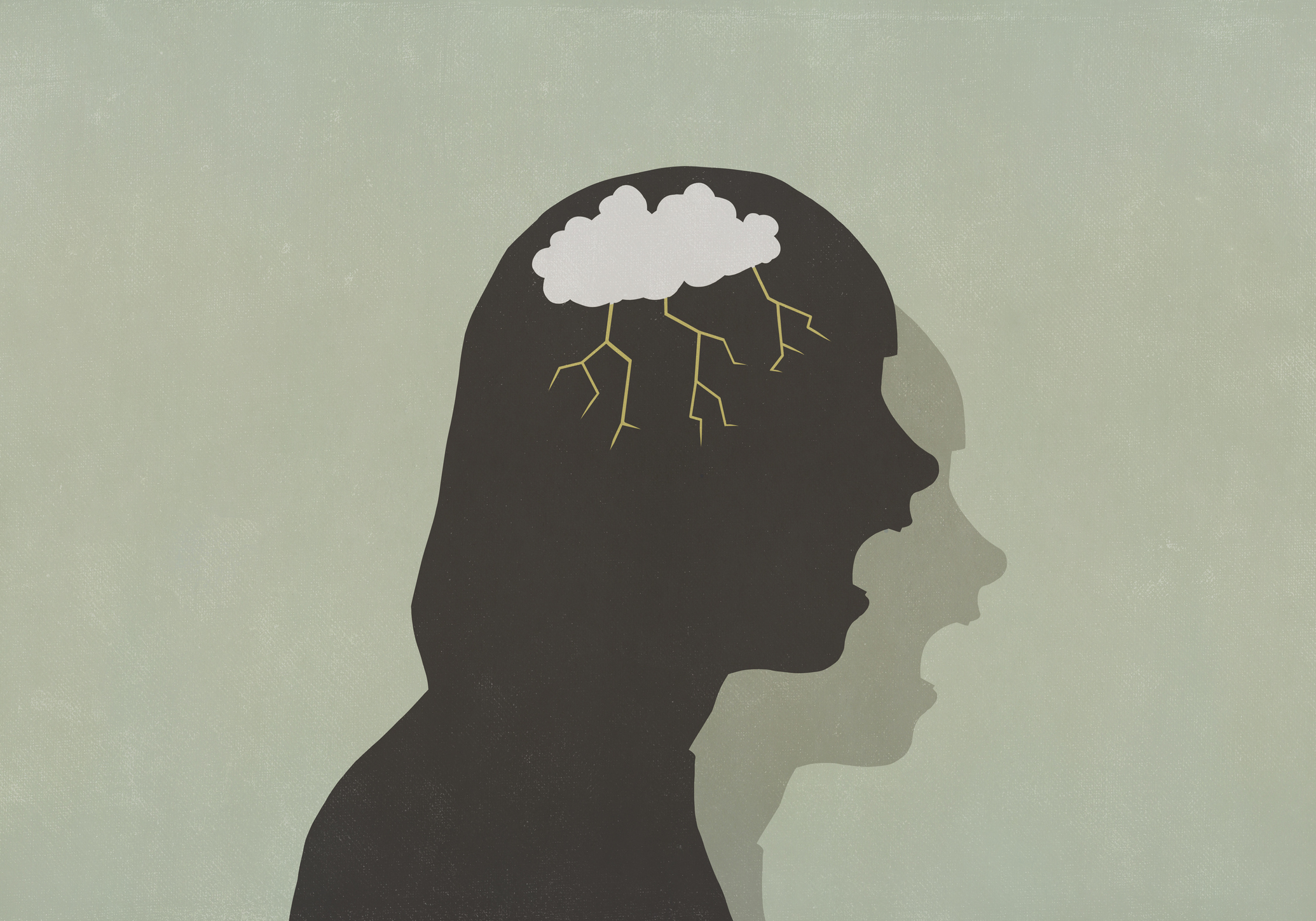 Ilustración de una silueta con un cerebro con una nube y tormenta. 