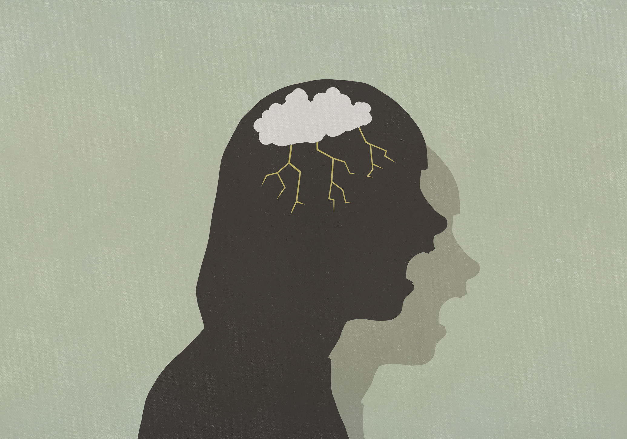 Ilustración de una silueta con un cerebro con una nube y tormenta.