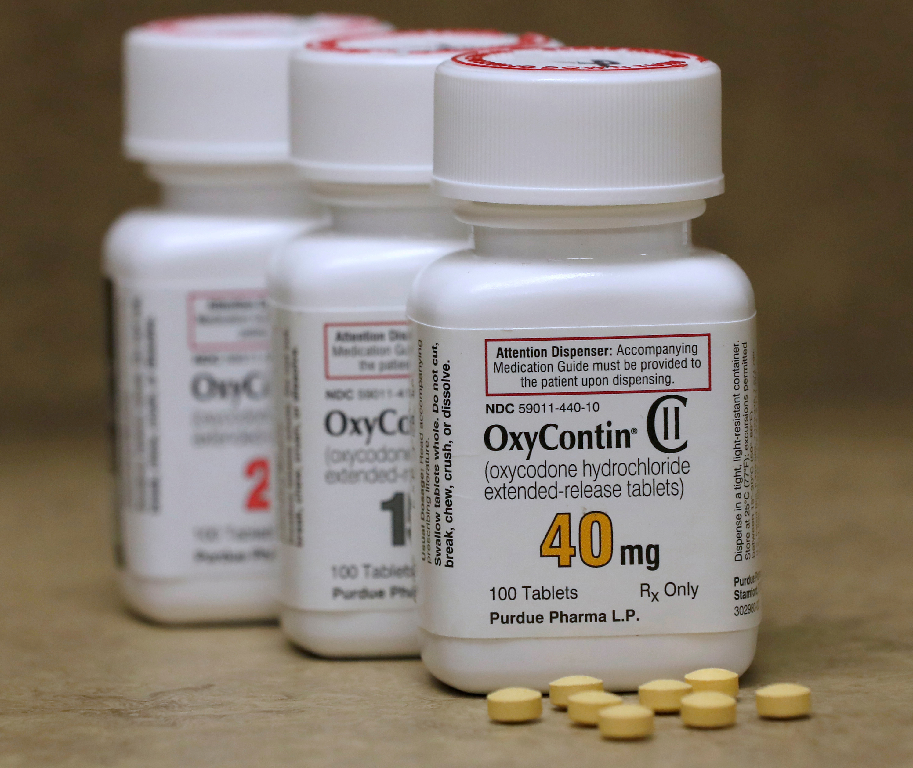 Three bottles of prescription opioid drug OxyContin 