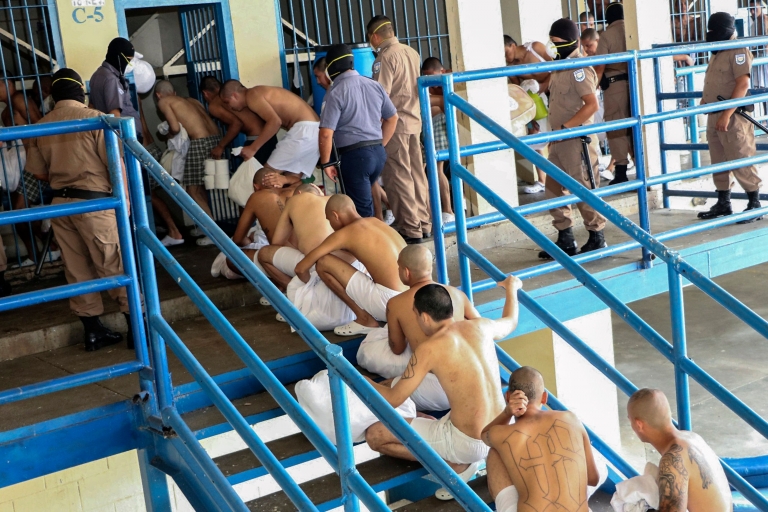 Inmates at the Izalco prison, northwest of San Salvador, during a security operation within the COVID-19 coronavirus pandemic.