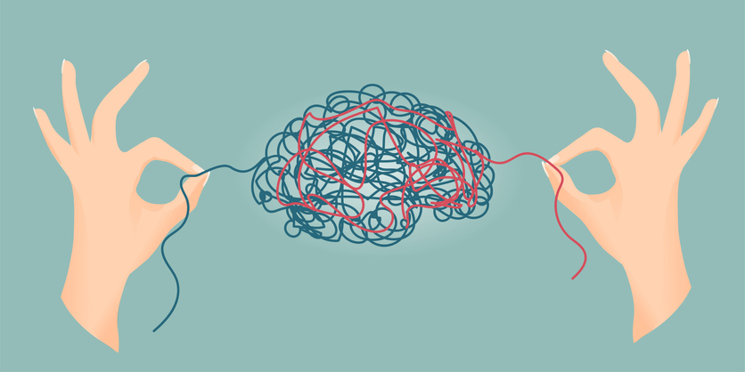 Illustration of two hands untangling brain-shaped threads. 