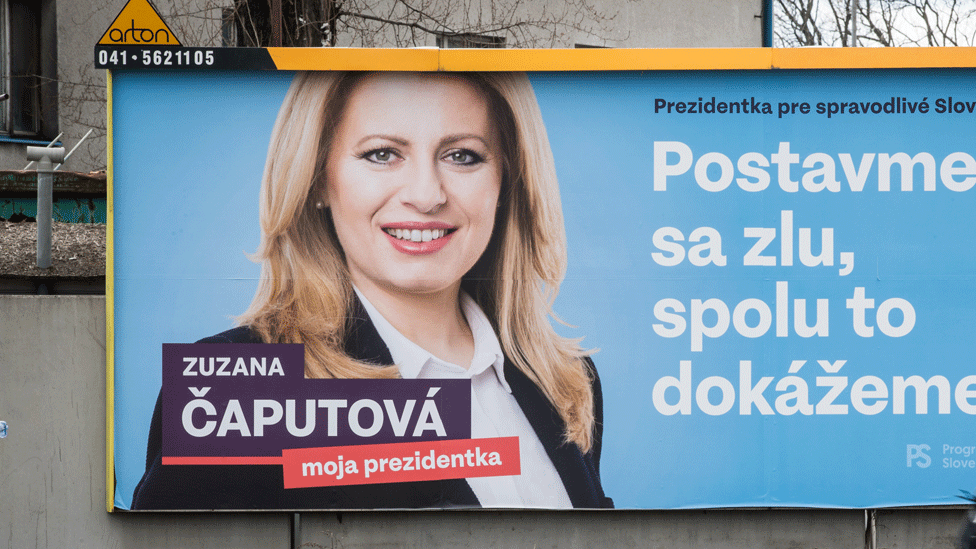 Zusana Caputova poster reads: "Stand up against evil, together we can do it"