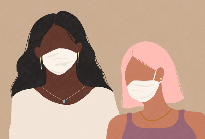 Una ilustración de dos muchachas con mascarillas.