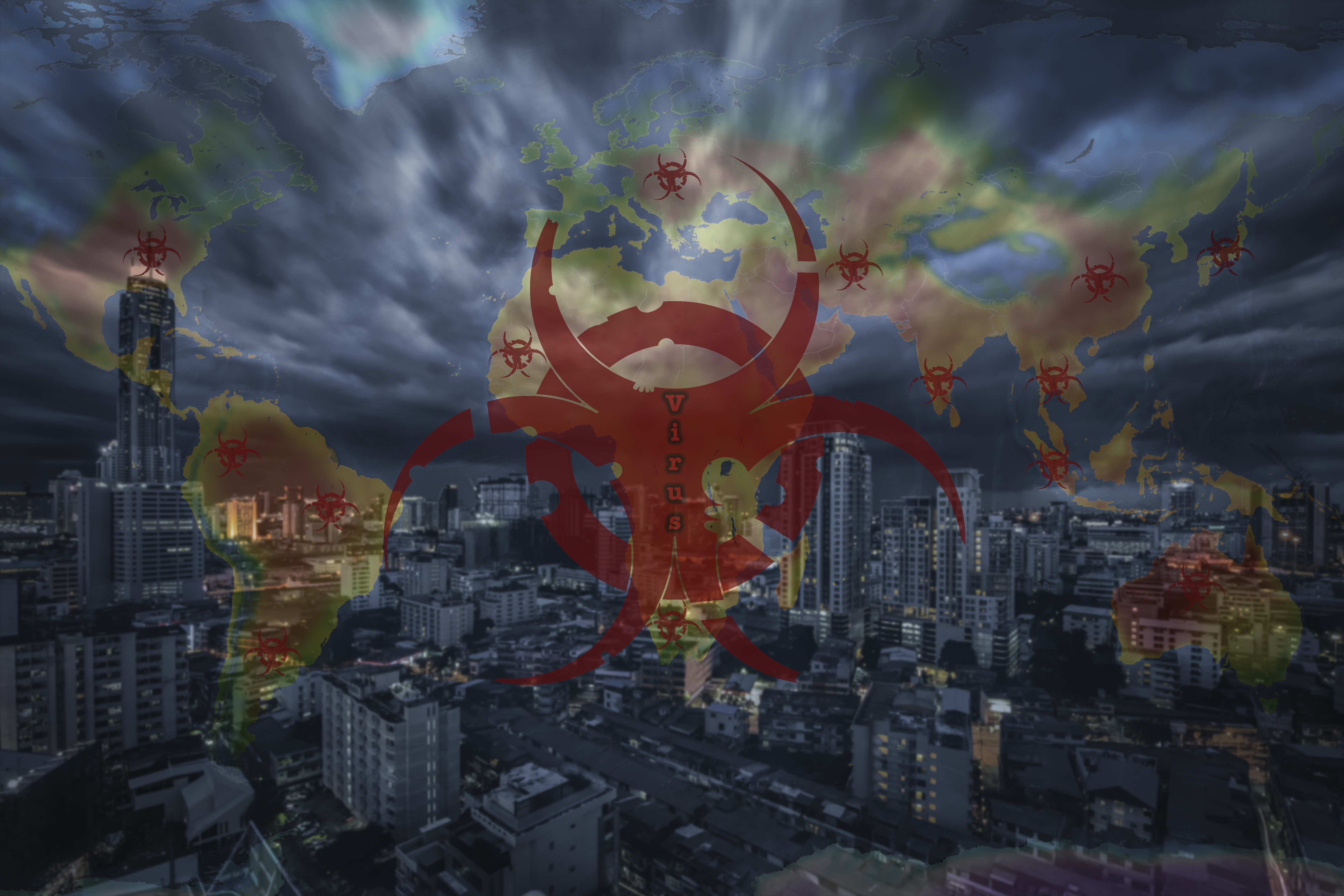 Ilustración de una ciudad atacada por un virus. 