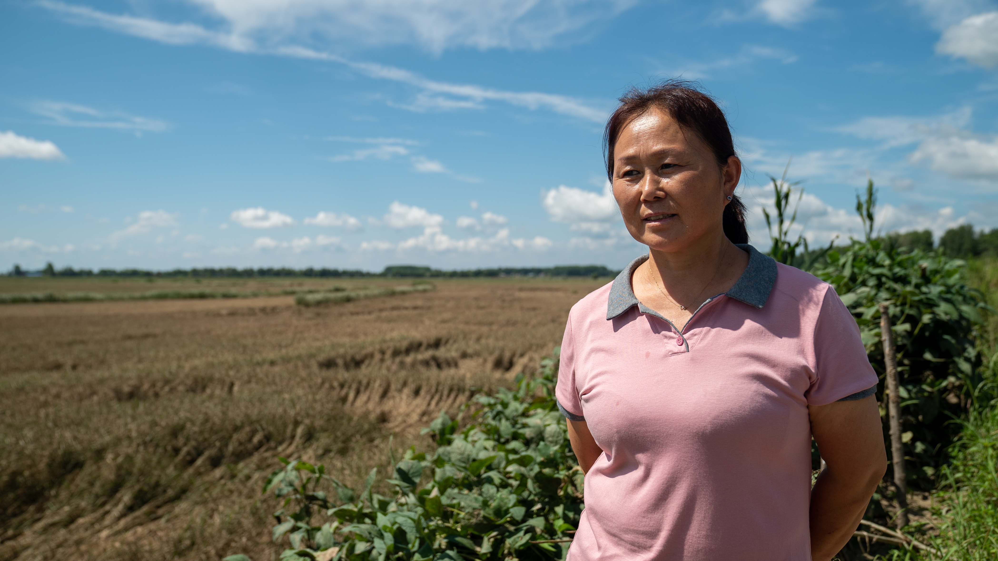 Female farmer stands in front of rice field
