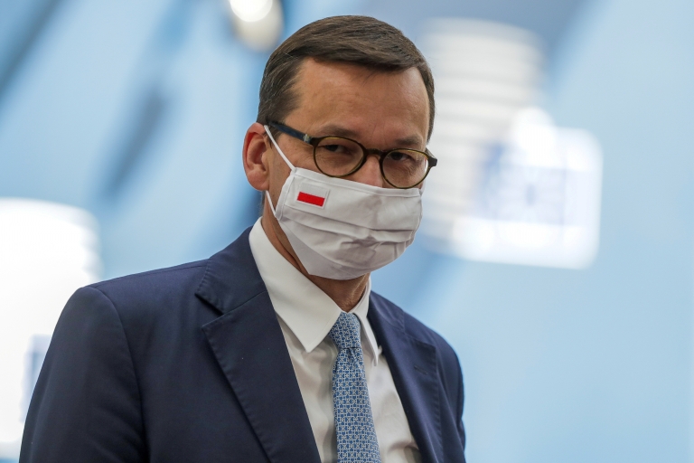 Polish Prime Minister Mateusz Morawiecki arrives for the fourth day of the European Council meeting in Brussels, Belgium, July 20, 2020