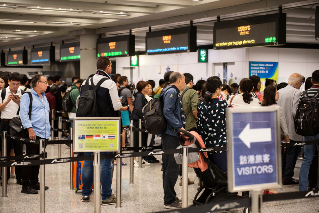 Immigration queue at Hong Kong International Airport