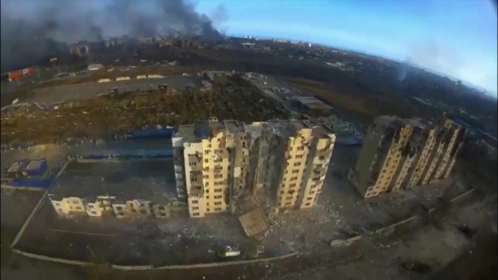 Aerial picture of bombed buildings in Mariupol
