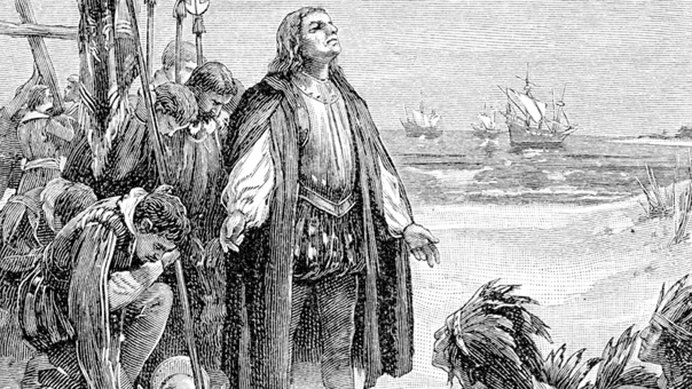 Ilustración de Cristóbal Colón llegando a América