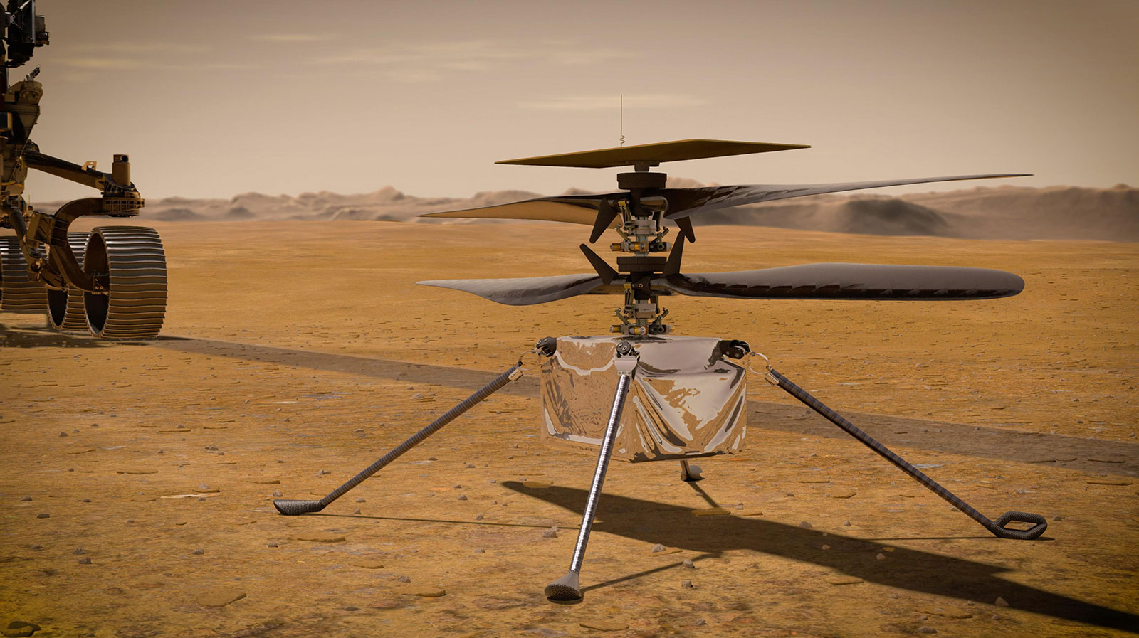 A concept illustration showing NASA's Ingenuity Mars Helicopter on Mars.
