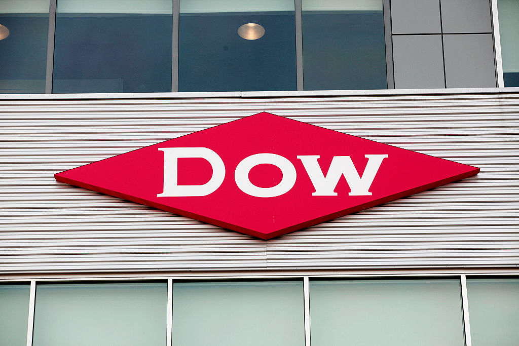 The Dow Chemical logo is shown on a building in downtown Midland, home of the Dow Chemical Company corporate headquarters, December 10th, 2015.