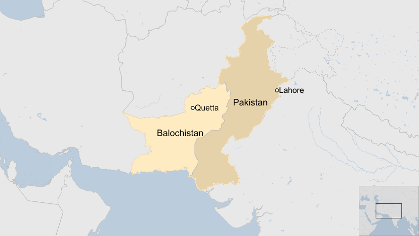 A map showing the country of Pakistan, its capital city Lahore, the province of Balochistan and the city of Quetta, where a blast took place at a train station