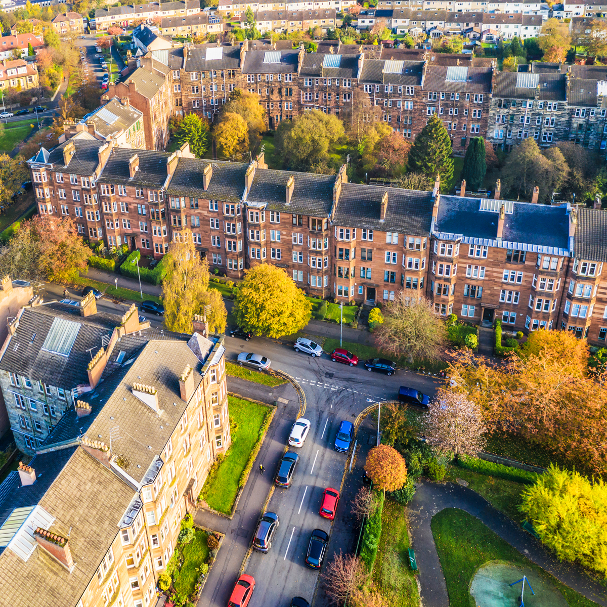 Aerial view of homes in Glasgow's West End 