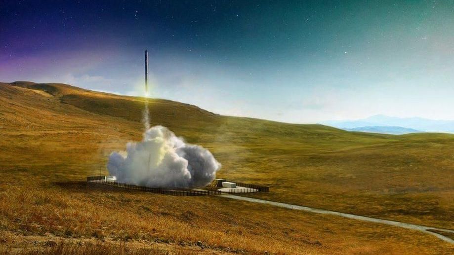 An illustration of a rocket launch from Sutherland Spaceport. The rocket leaves a trail of smoke as it lifts off.