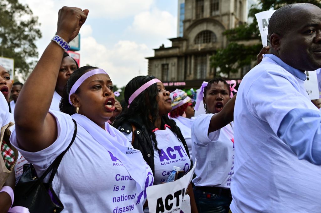 Cancer survivors, patients and activists take part in a protest on August 01, 2019 in the Kenyan capital Nairobi 