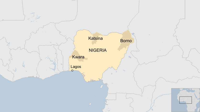 A map of Nigeria, highlighting the states of Kwara, Katsina and Borno as well as the city of Lagos.