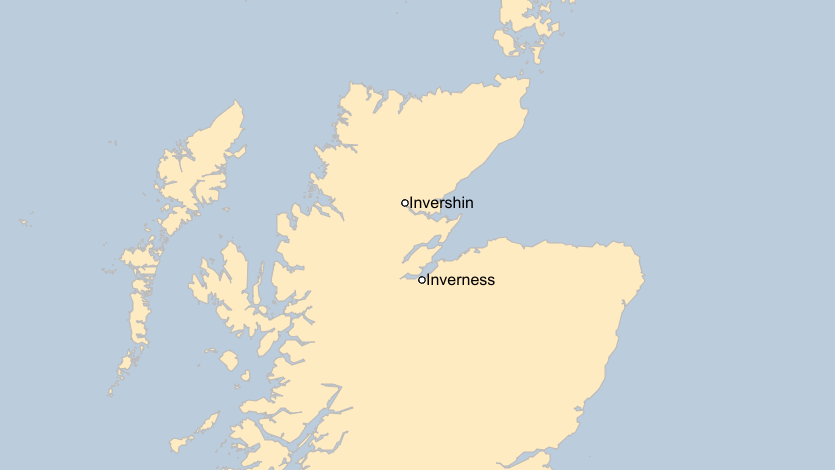 A map of Scotland showing the locations of Invershin and Inverness.