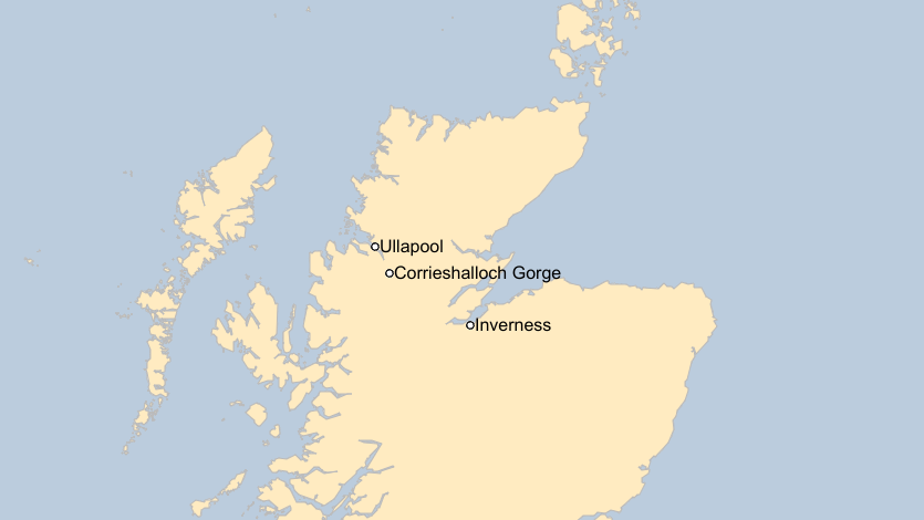 A map of Scotland showing the locations of Ullapool, Corrieshalloch Gorge and Inverness.