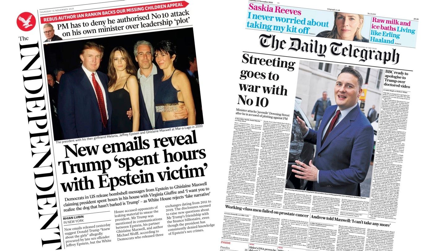 Newspaper headlines: New 'bombshell' Epstein emails and 'Streeting goes to  war with No 10'