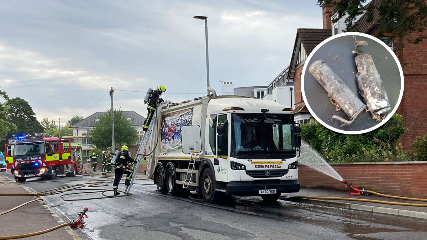 Exeter bin lorry fire 'caused by discarded vape battery' Exeter bin lorry fire 'caused by discarded vape battery'