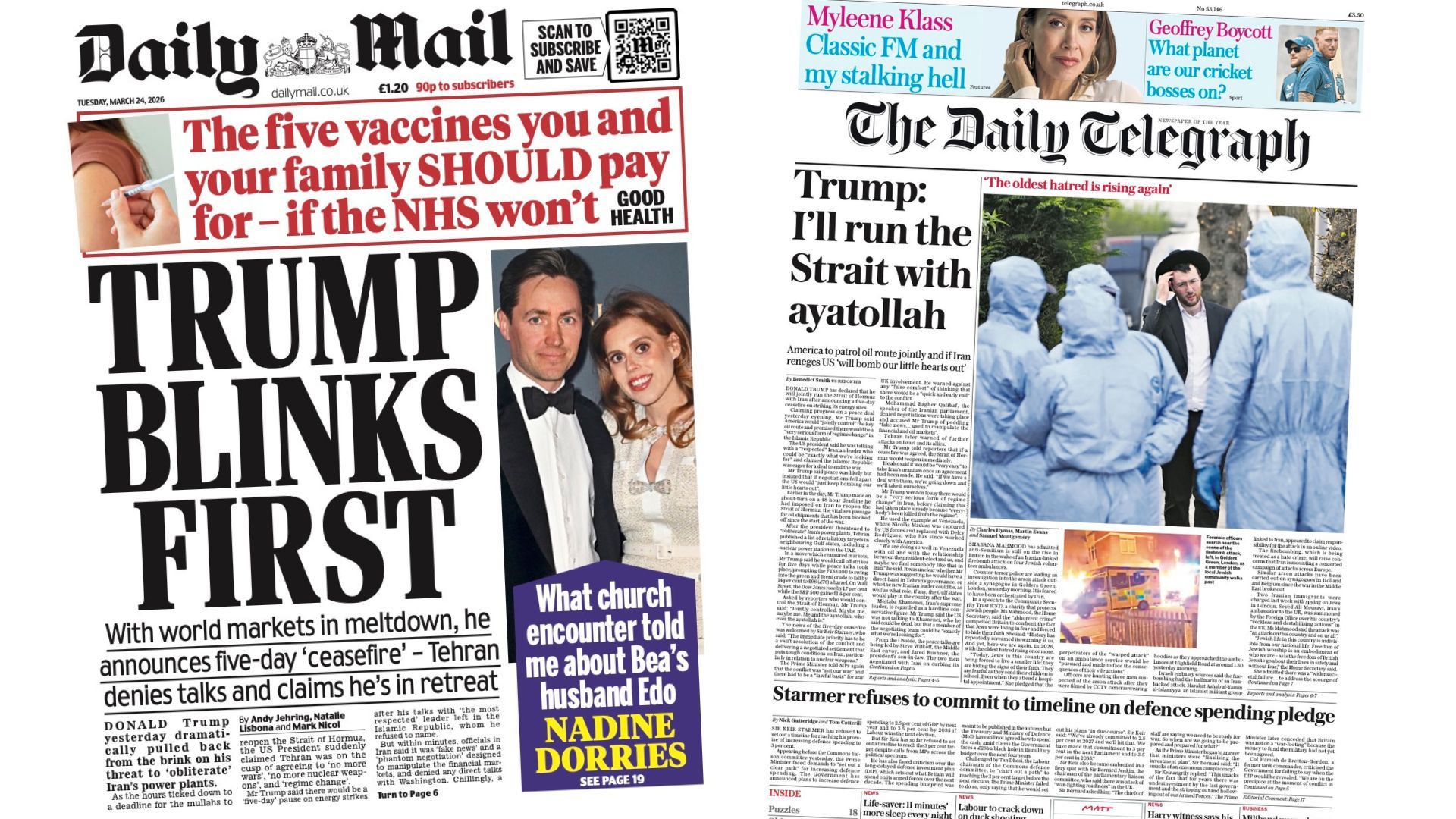 Newspaper headlines: 'Trump blinks first' and 'horrific' attack on
